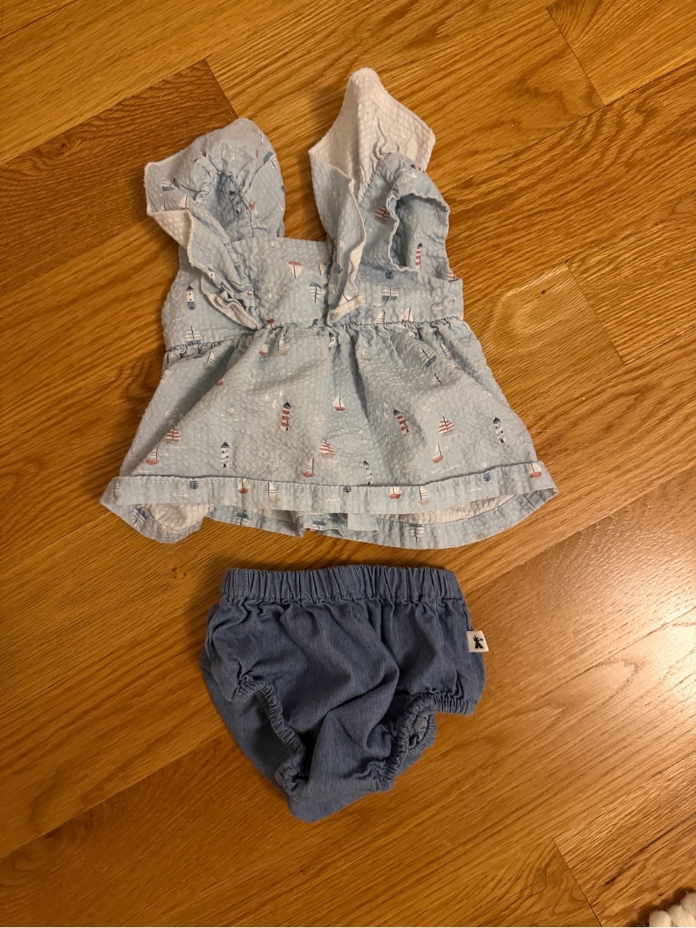 Light Blue Seersucker Sailboat Top with Navy Bloomers - Kids Accessories